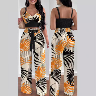 European and American 2023 New Cross-border Women's Yama Pleated Sling Top with Fashionable Pocket Design Wide Leg Pants Set