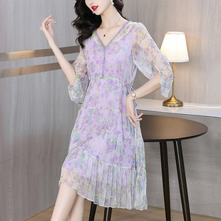 Counter Mulberry Silk dress Women's Summer 2024 New Slimming High-end Sense Women's Elegant High-end Floral A- line Skirt