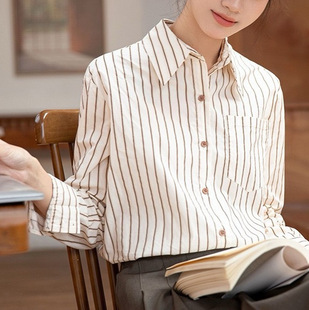 French Commuter Pure Cotton apricot Striped Shirt Women's Spring and Autumn 2025 New Casual Loose Professional High-end Top