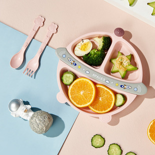 Baby Dinner Plate Baby and Young Children's Tableware Split Cartoon Spaceship Split Learning Meal Supplementary Bowl Spoon Fork suit