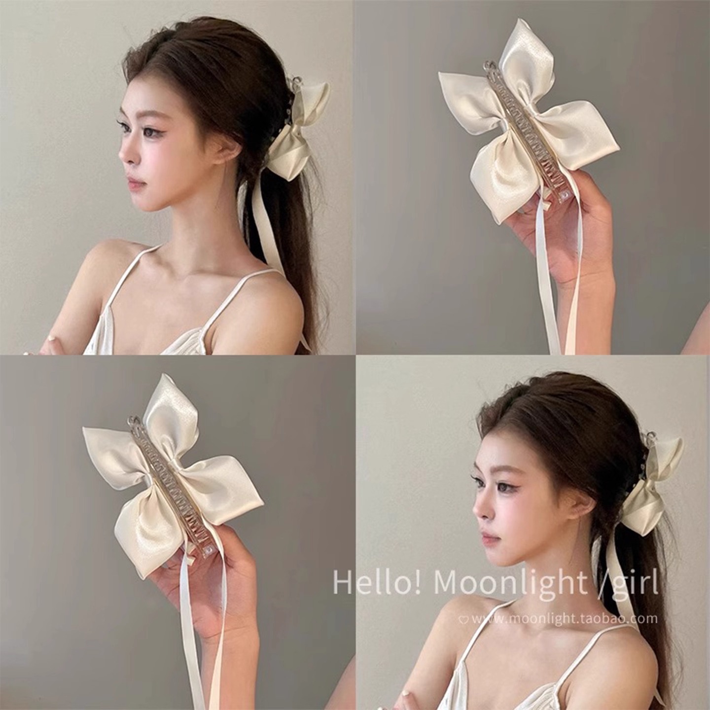 Ballet-Style White Satin Bow Cat Ear Ribbon Banana Clip Hairpin for Women Sweet Princess Shark Clip Hair Accessory