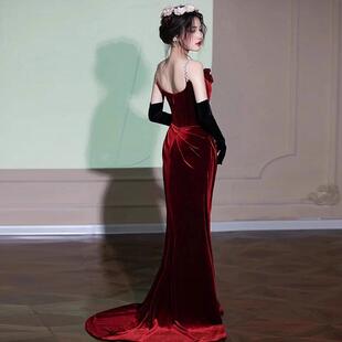 wine red French Toasting Clothes Women's Velvet Fishtail Dress dress 2024 New Arrival Light Luxury Niche Banquet Dress