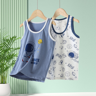 Summer New Kidsren's Lycra Cotton Racer Vest for Small and Medium-sized Boys and Girls Cartoon Printed Round Neck Home Bottoming Shirt