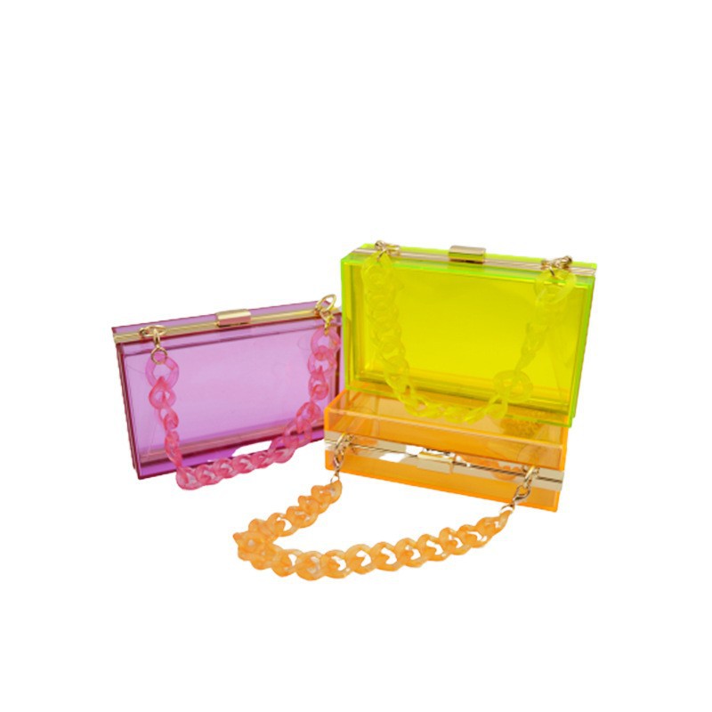 Transparent candy-colored women's small square bag, 2023 new fashion acrylic bag, niche and fresh European and American style evening bag.