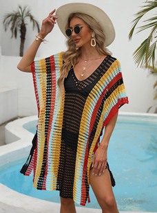 Cross-border European and American Women's Clothing Contrast Color Stitching Woven Hollow Beach Holiday Bikini Blouse Lace-up Dress 847