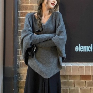Irregular Retro Lazy Style Knitted Shirt Spring and Autumn New Top Chanel Style Soft Waxy Solid Color Batwing Sleeve Sweater for Women