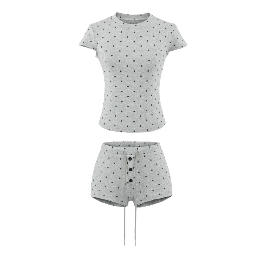 Polka Dot Short-Sleeved T-Shirt for Women 2026 Summer New American Hot Girl Style Round Neck Top + Double-Layer Drawstring Shorts Set