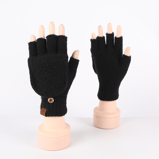 Winter Adult Half Finger Gloves Warm Flip Rhombus Gloves Dual-use Cold-proof Thickened Velvet Gloves
