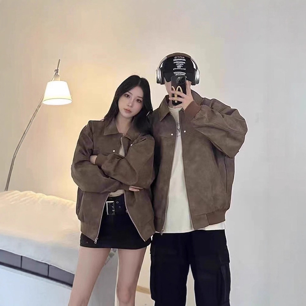 Pu Leather Spring & Fall 2025 New Suede Couple Jacket Casual Student American Retro Brown Lapel Jacket