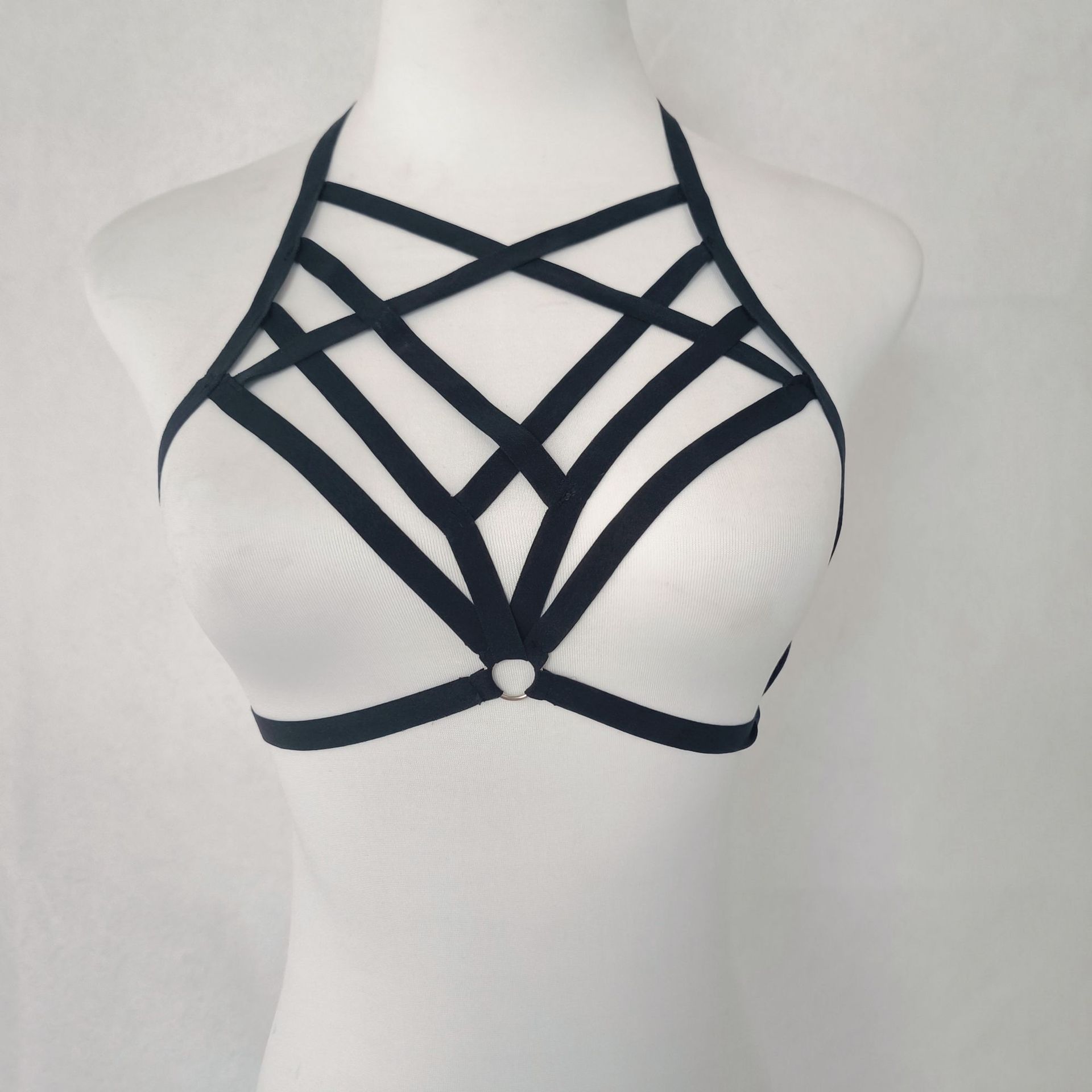 European and American Fashion Sexy Lace-Up Bra, Black Style, Hollow-Out Strap Lingerie, Bowknot Hollow-Out Design, Suitable for Bars and Nightclubs