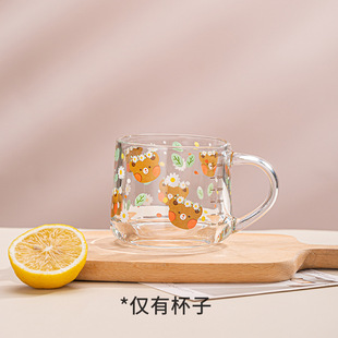 ins Milk Breakfast Cup Straw Glass Dessert Cup Cute Printed Scale Cup with Lid Spoon Girl Gift