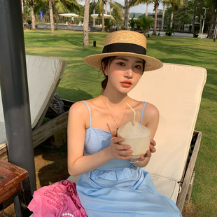 Straw hat women's summer fresh Japanese sun-proof sun-proof beach flat top hat all-match basic seaside UV-proof