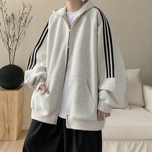 INS High Street Meila Blue Wear Three Bars Raglan Sleeve Cardigan Hooded Sweater Men's Spring and Autumn Fashion Brand Couple Jacket