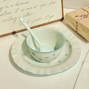 Simple Ins Style High-grade Sense High-value Underglaze Color Ceramic Bowl Plate suit Early Snow Wavy Edge Dinner Plate Bowl Set