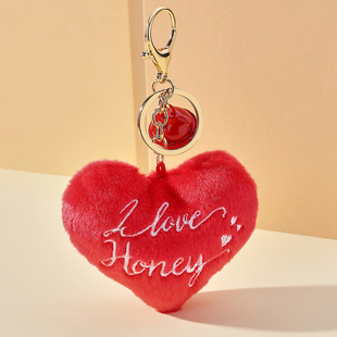 Mother's Day Hot Sale Plush Love Keychain Peach Heart Fur Ball Machine Embroidered MOM Key Chain Bag Key Pendant