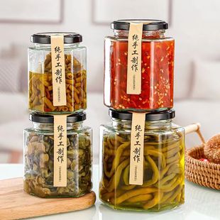 Hexagon Storage Jar Kitchen Glass Pickles Bottle Transparent Large Capacity Honey Bottle Empty Bottle 500ml in stock Wholesale