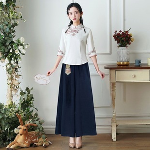 Chinese style cheongsam top Chinese style cotton linen Tang suit tea clothing women's health care ear picking overalls suit wide leg pants summer
