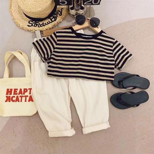 New Girl's Base Shirt Contrast Edge Collar Striped Stretch 2024 New Styliom Short-sleeved T-shirt T-shirt