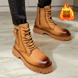 Fall/Winter fleece-lined Martins Men's British Style New High-top Leather Shoes 2024 Thick-soled Interior Height-increasing Tooling Motorcycle Boots