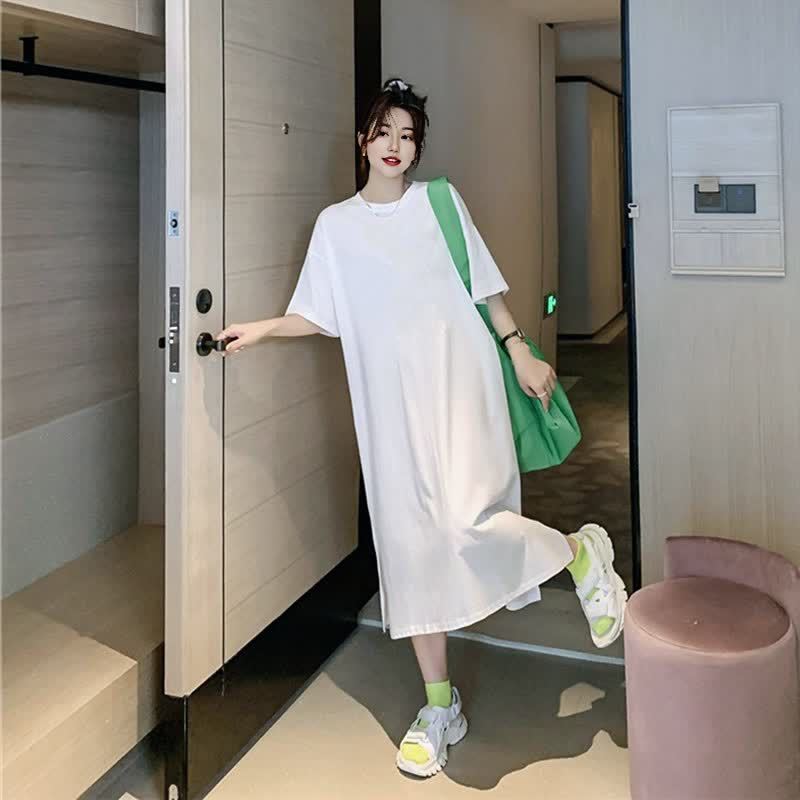 한국식 2025 년 여름 패션 반팔 티셔츠 느슨한 반소매 슬림 롱 원피스