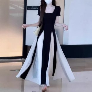 French Niche Design dress Women's 2025 Summer New High-end Color Contrast A- line Dress Slim-fit Slim-fit Long Dress
