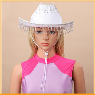 Cross-border double-layer rhinestone tassel western cow hat wedding disco party pink diamond bride wedding hat
