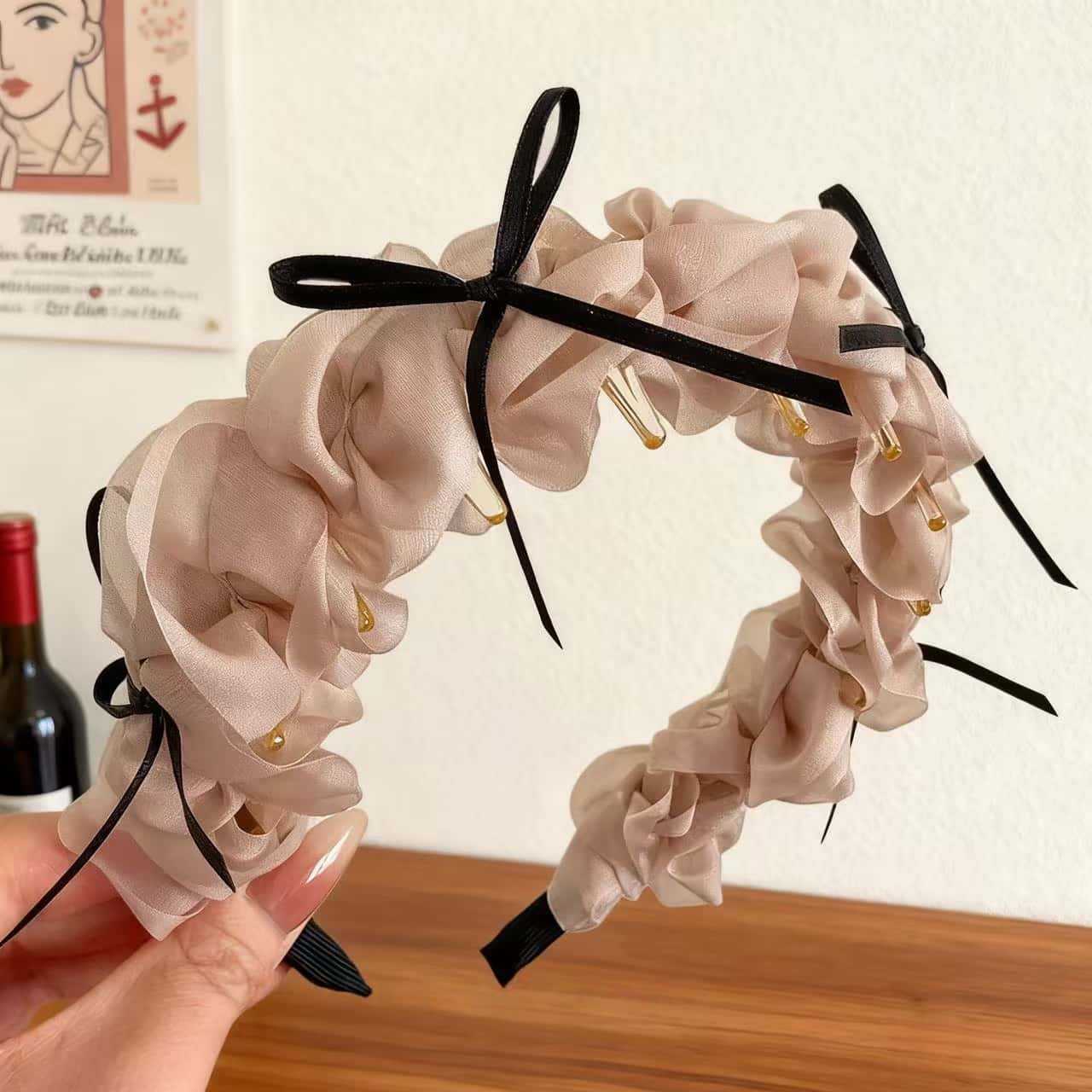 Pleated Mesh Double Pair Fabric Bow Headband Sweet Elegant Cyber Celebrity Headband Women's Headband Advanced Sense