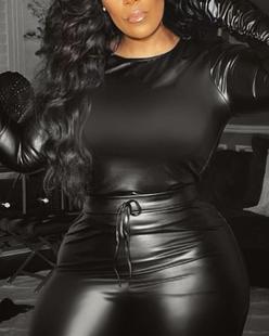 Original round neck PU stitching suit trousers