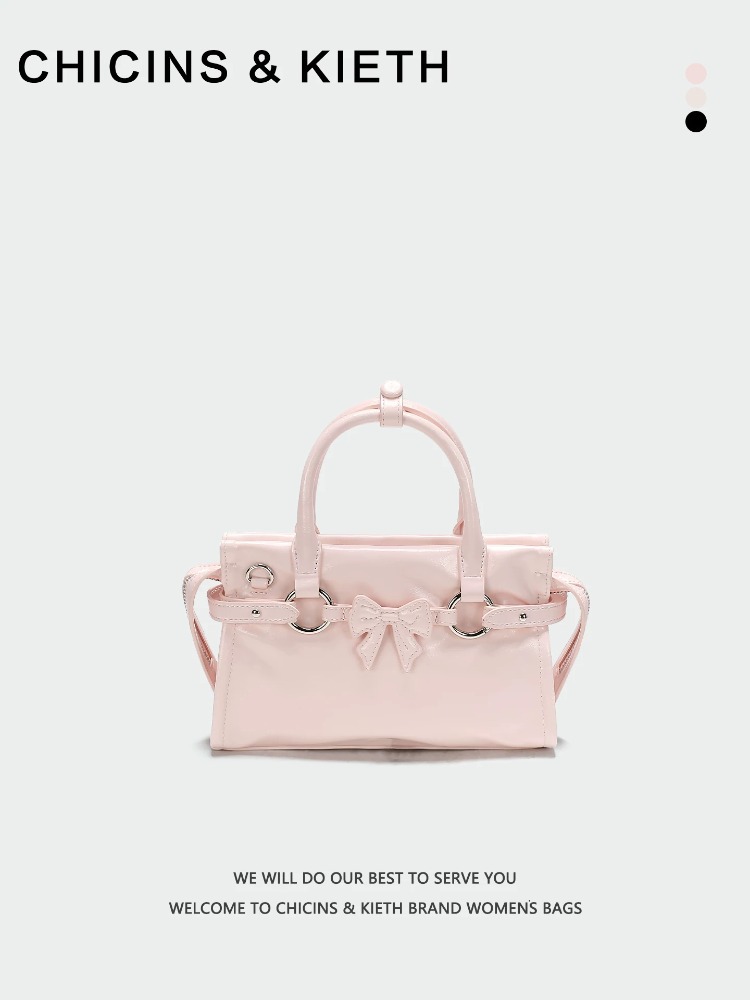 Pink Bow Small Square Bag for Women, 2026 New Style, Oil Waxed Leather Crossbody/Handbag Wholesale (Cross-border Dropshipping)