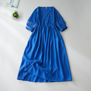 Lace-up Tight Waist Slimming Ethnic Style Dress Half Sleeve Round Neck Elegant Organ Pleated Elegant Beautiful Dress for Summer