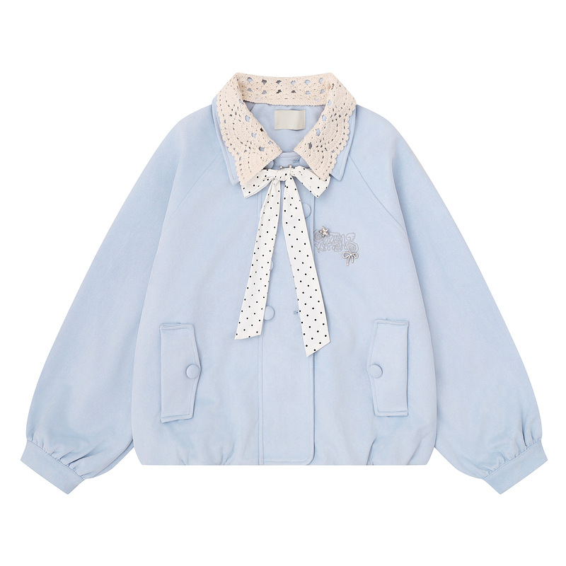 Japanese-style sweet light blue short loose jacket for women with hollow lace collar, polka dot bow, and embroidery, loose-fitting girl's coat