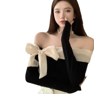 Off-shoulder bow long-sleeved T-shirt women's autumn gentle temperament slim-fit short design contrast color stitching top