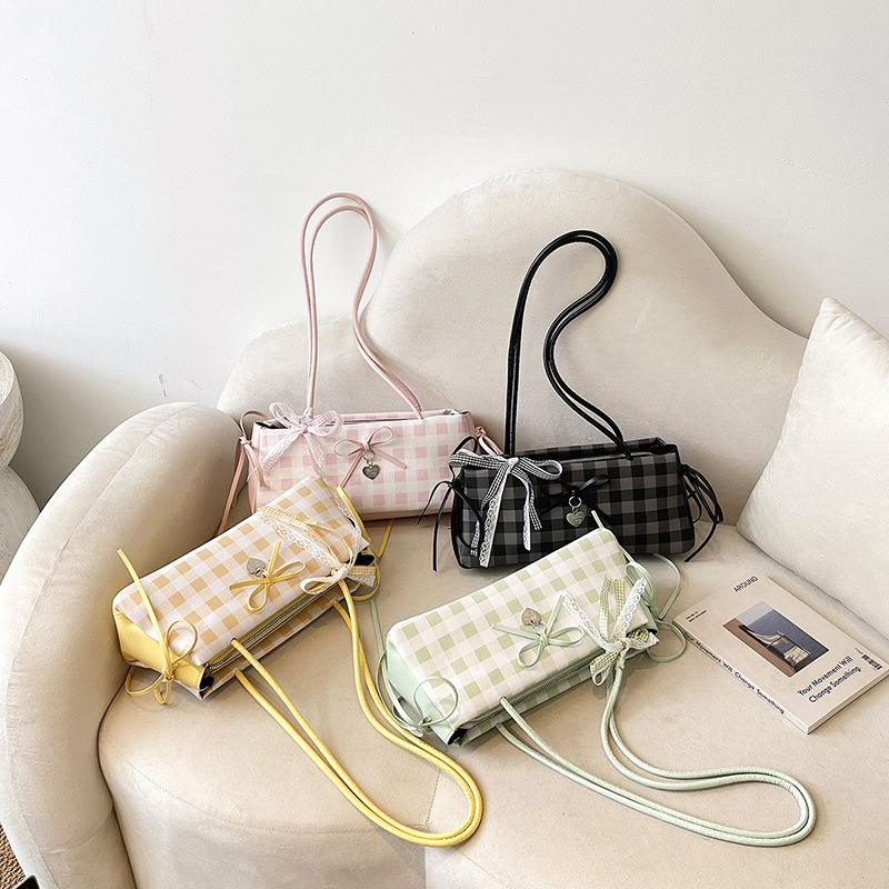 Fresh and spacious checkered women's 2026 cute and stylish new ballet-style bowknot baguette underarm handbag
