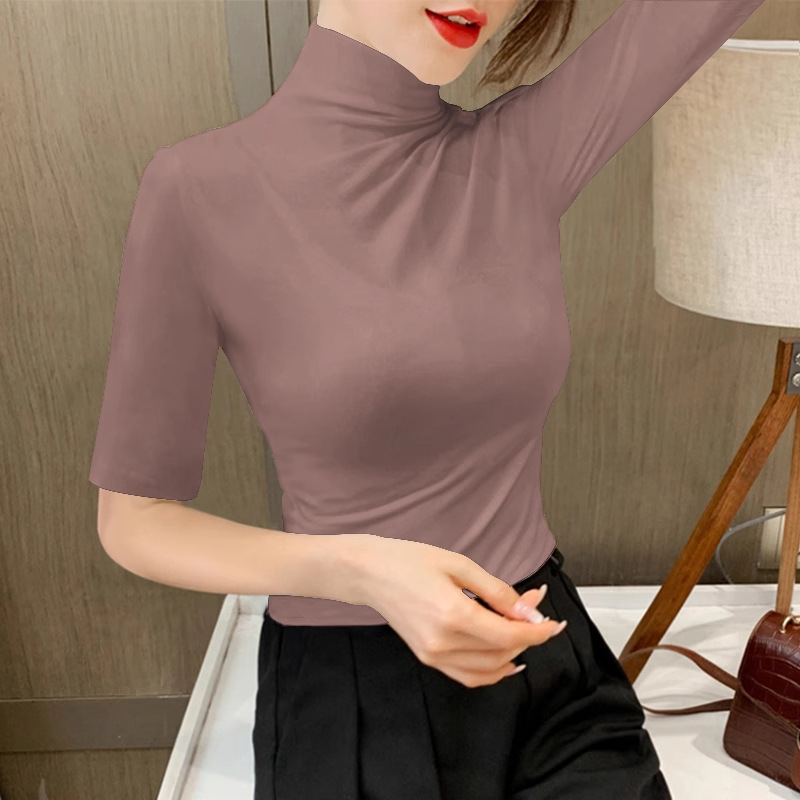 블랙 모달 하프 하이 넥 미드 슬리브 티셔츠 여성용 2025 뉴 봄 여름 가을 슬림 핏 5 포인트 슬리브 라운드 넥베이스 셔츠