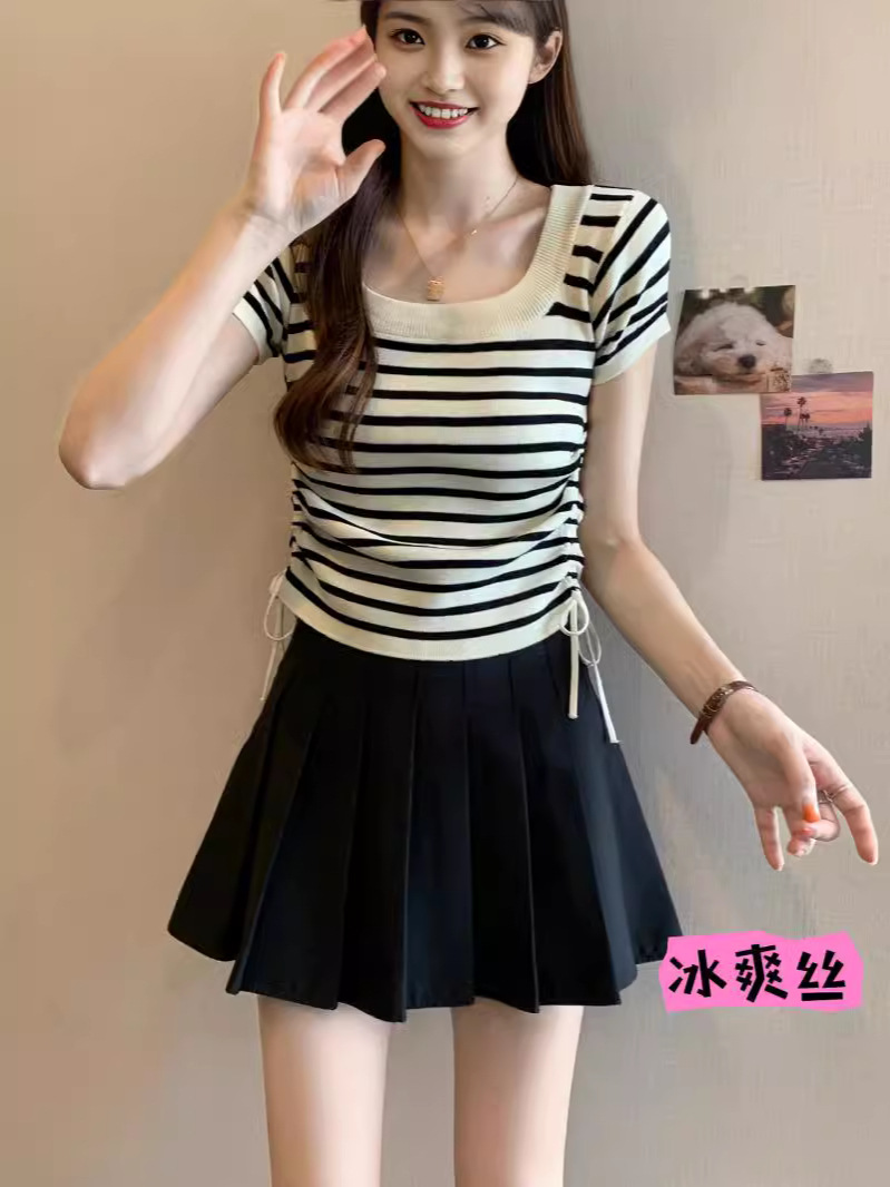 프렌치 스타일 스퀘어 칼라 숄더 스트라이프 반팔 여성용 여름 통통녀 타이트한 허리 벨리 커버 슬리밍 드로우 스트링 니트 탑