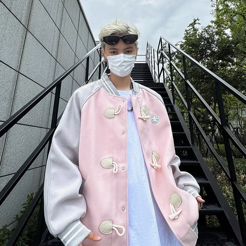 Teenagers 2025 New Street Style Jacket with Stand Collar, Spring and Autumn Loose Fit, Long Sleeve, Washed Regular Style Baseball Collar