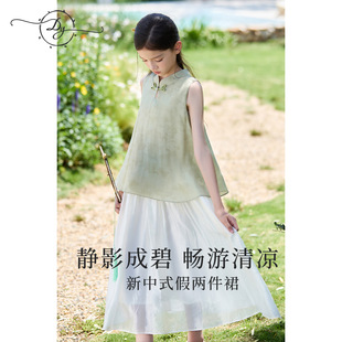 Детское платье Hanfu из искусственного материала в китайском стиле, новое жаккардовое платье Cheongsam на пуговицах в китайском стиле, летнее легкое дышащее летнее платье для больших детей.