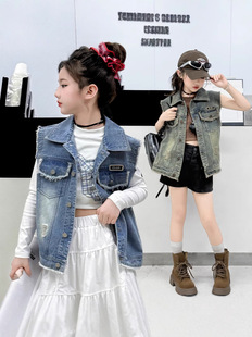Orange Tiger Girls' Denim Vest Spring and Autumn 2025 New Children's Stylish Fashionable Vest Girls' Casual Sleeveless Horse