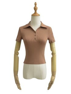 2024 New Summer Style Threaded Lapel Front Three-Button Short-Sleeved Slim Solid Color Women's T-Shirt Tops Wholesale