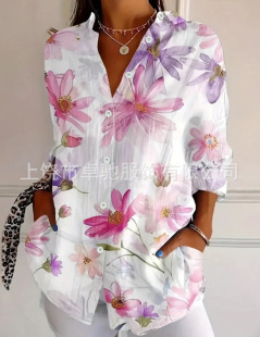 2025 New Women's Long Shirt Women's Summer European and American Trend Long Sleeve Shirt Printed Pattern Printed 3D Shirt