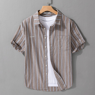 Summer Stripesd Short-sleeved Shirt Men's Casual Loose Thin Trendyy Men's Top Japanese Style Retro Breathable Shirt Trend