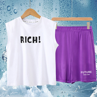 Boys suit 2024 New Summer Sleeveless Wide Shoulder Letter Vest Casual Handsome Boys Children Ice Silk Shorts
