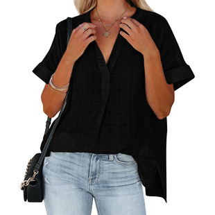 2024 Amazon European and American Foreign Trade Women's Summer New Short-sleeved Thin V-neck Pullover Shirt Women's Shirt