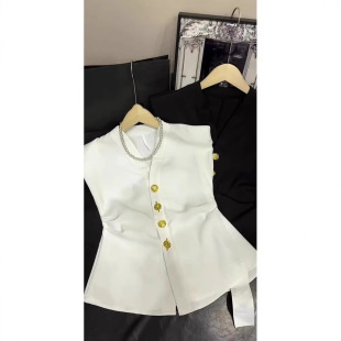 European goods foreign style V-neck button sleeveless suit vest women's summer new French retro high-grade waist top