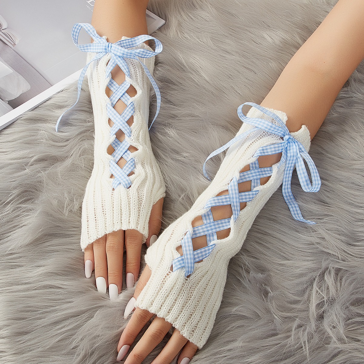Y2K with Strap Winter Warm Gloves Ribbon Bow Gloves Pink Ribbon JK Girl Long Gloves
