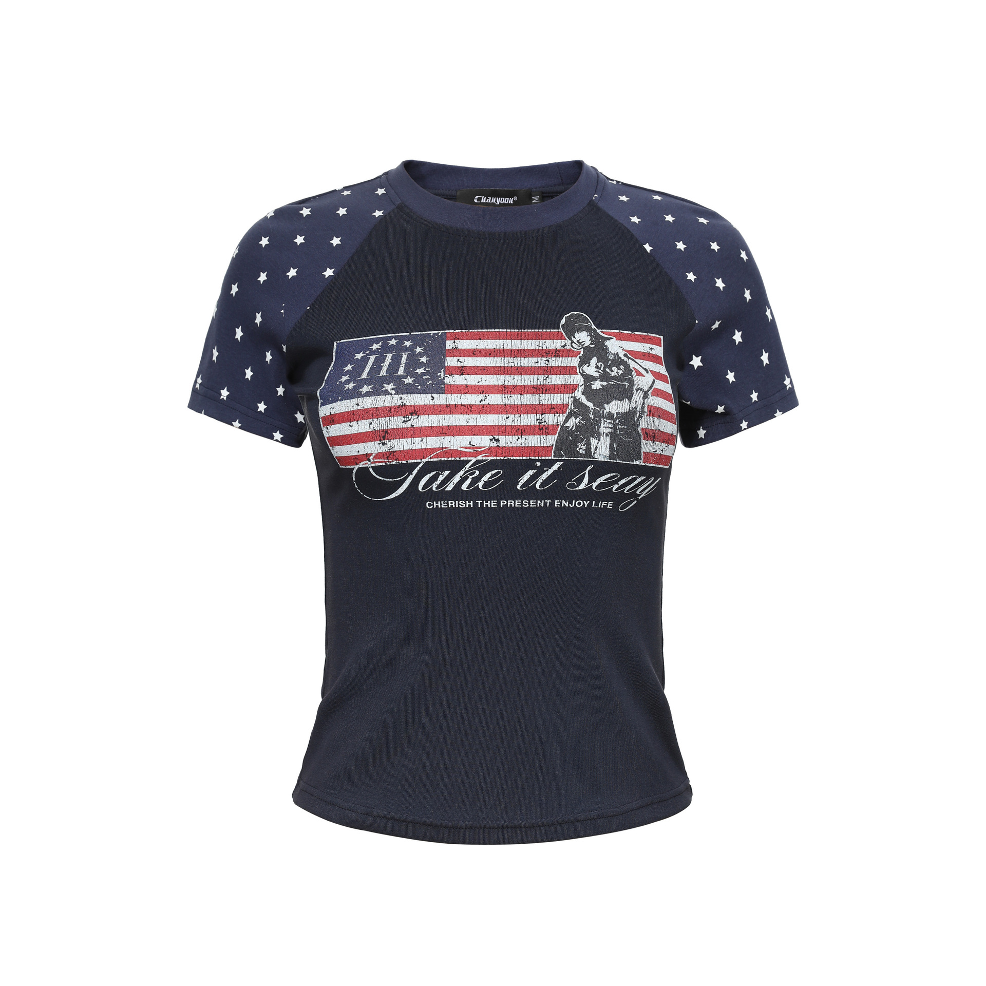 American-Style Color-Block Star Flag Print Raglan Sleeve Short-Sleeve T-Shirt for Women, Summer 2026, Slim Fit Versatile Top