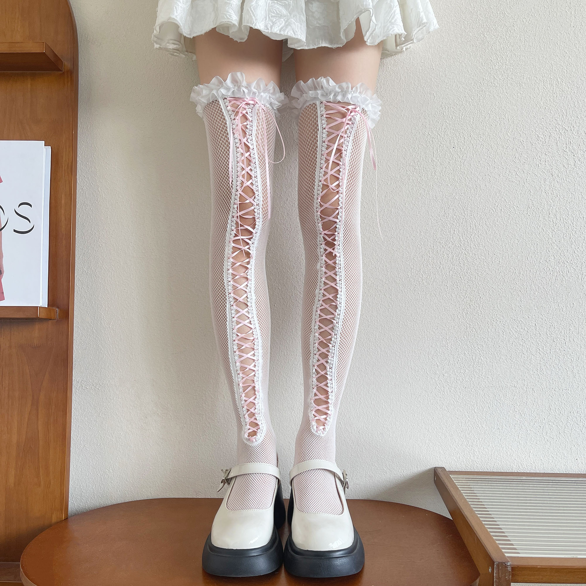 Millennial Y2K Hot Girl Subculture Hollow Lace-Up Ballet-Style Fishnet Lace Sexy Over-The-Knee Thigh Socks