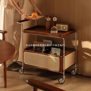 Solid Wood Mobile Wheeled Side Table Storage Middle Ancient Cart Living Room Storage Rattan Simple Coffee Table Dining Table