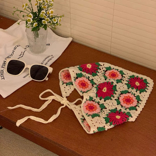Seaside Vacation Travel Photograph Knitted Hot Girl Headscarf Women's Toe Fashion French Retro Flower Triangle Scarf Hair Belt