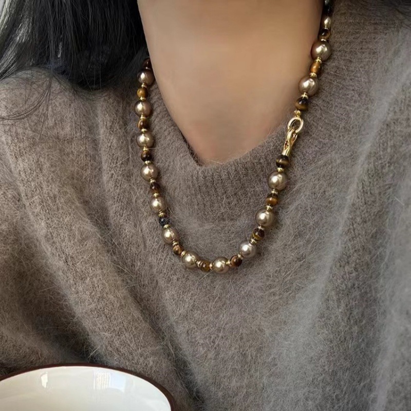 New Autumn and Winter Maillard Tiger Eye Stone Mocha Gold Brown Pearl Mixed Color Necklace, Light Luxury Niche Sweater Chain Neck Chain for Women